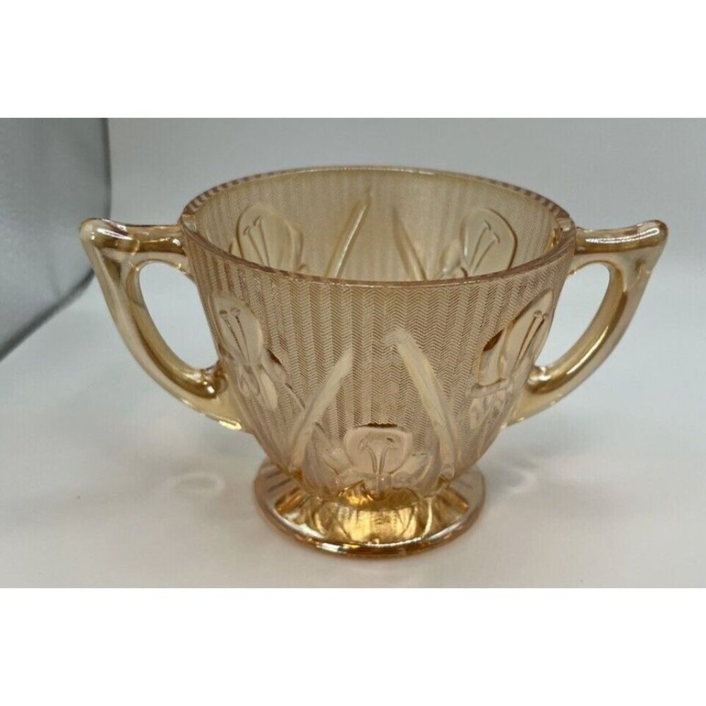 Vintage Marigold Carnival Glass Iris and Herringbone Open Sugar Bowl